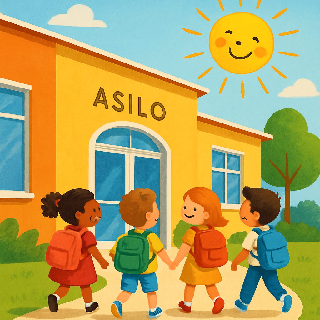 Illustrazione: bambini con lo zaino che entrano all'asilo sotto un sole sorridente